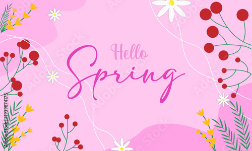 Hello spring banner. Spring season background with floral elements