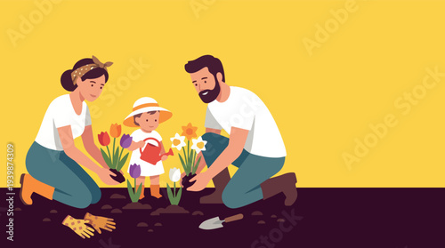 Family planting flowers together in the garden.