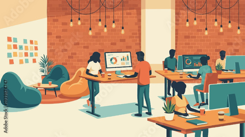 Vibrant flat vector illustration of a modern startup creative workspace with open office layout
