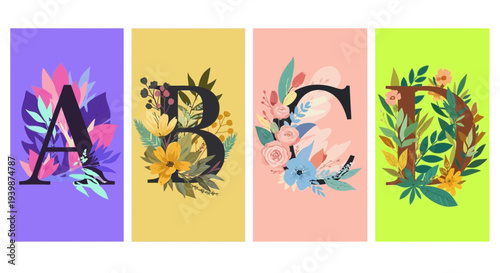 Floral Alphabet Letters A, B, C, D on Colorful Backgrounds - Decorative Typography