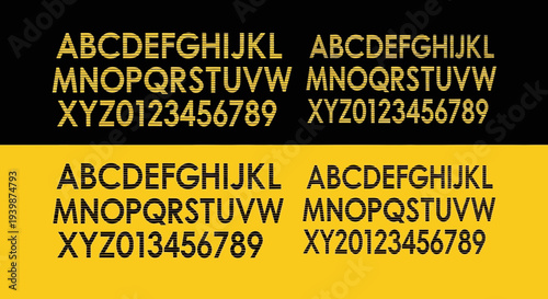 Alphabet and Numbers Font Sample on Black and Yellow Background