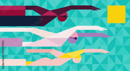 Diverse swimmers race in pool, abstract geometric style, vibrant colors, competition concept