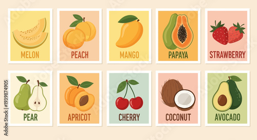Set of Vintage Fruit Illustrations: Melon, Peach, Mango, Papaya, Strawberry, Pear, Apricot, Cherry, Coconut, Avocado