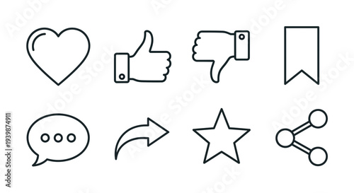 Social Media Icons Set: Like, Dislike, Heart, Star, Share, Comment, Bookmark, Network