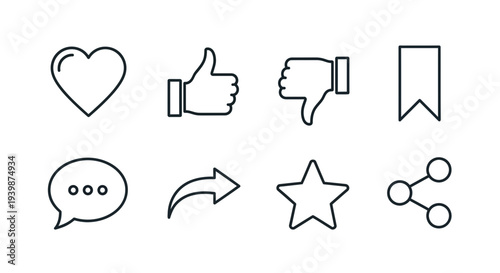 Social Media Icons Set: Like, Heart, Share, Comment, Bookmark, Star, Dislike, Network
