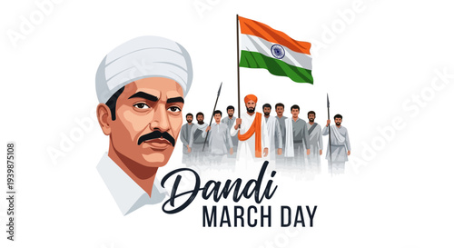 Illustration of Mahatma Gandhi leading the Dandi March with protesters and the Indian flag, symbolizing the Indian independence movement and nonviolent resistance.