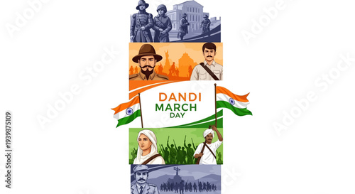 Illustration commemorating Dandi March Day with collage of Mahatma Gandhi and Indian independence movement scenes in a colorful design.