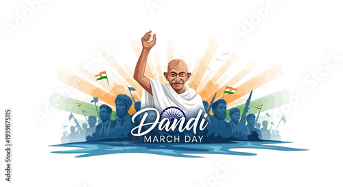 Illustration of Mahatma Gandhi leading the Dandi March, a nonviolent protest against British rule, with a crowd and Indian flags, symbolizing the Indian independence movement.