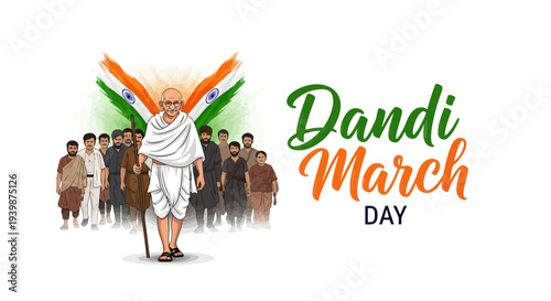 Illustration of Mahatma Gandhi leading the Dandi March with a crowd of people in traditional Indian clothing, symbolizing the Indian independence movement and nonviolent resistance.