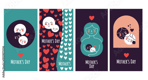 Mother's Day Cards with Cute Family Illustrations and Hearts
