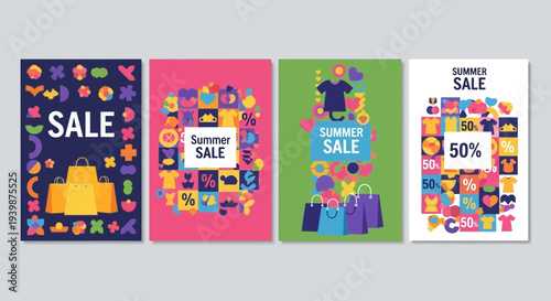 Summer Sale Shopping Bags and Icons, Colorful Design for Retail Promotion