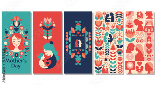 Mother's Day Folk Art Cards with Floral and Family Motifs