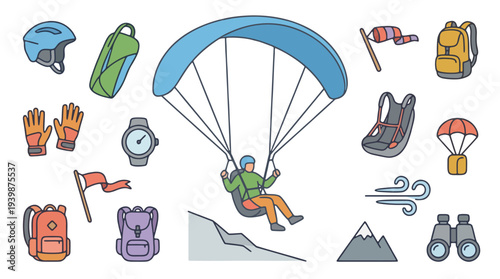 Paraglider Flying in Sky with Paragliding Equipment and Outdoor Adventure Icons