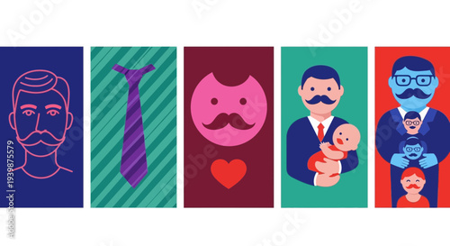 Father's Day Celebration: Diverse Dads and Children, Moustaches, Ties, and Hearts