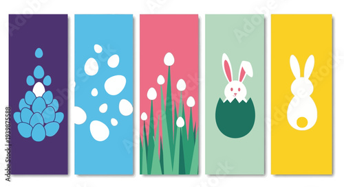 Easter Egg Hunt Banners: Cute Bunny, Flowers, and Eggs on Colorful Backgrounds