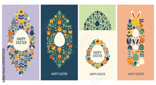 Happy Easter Decorative Cards with Floral and Egg Motifs