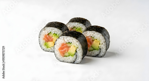 Sushi Rolls with Salmon and Avocado Isolated on White