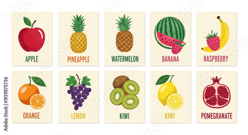 Collection of Fresh Fruits Illustrated Cards: Apple, Banana, Kiwi, Orange, Pomegranate, and More