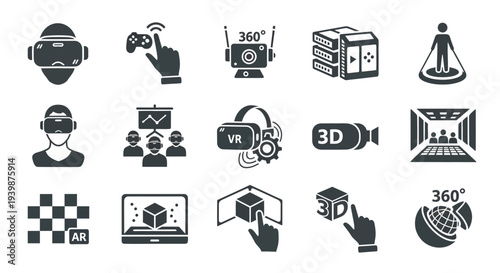 Virtual Reality and Augmented Reality Icons Set: VR headset, 360 view, 3D cube, AR glasses