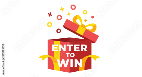 Open Gift Box with "Enter to Win" Text, Confetti, and Ribbons - Exciting Prize Giveaway