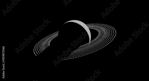 Abstract Saturn Ring System with Crescent Planet on Black Background