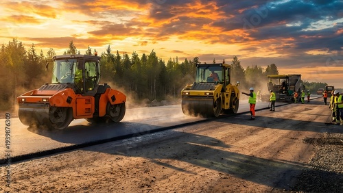 Road construction site with heavy machinery and workers at sunset.