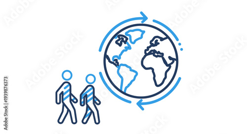 Global business people walking towards earth with arrows indicating connection and travel