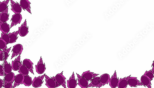 Dragon Fruit background Pattern Vector. Hand Drawn Pitaya Tropical Fruit Illustration. Outline Doodle Style Repeating Food Background. Decorative Exotic Fruit Texture.