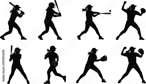Female Softball Player Silhouettes Collection Set Featuring Pitching Batting and Catching Poses for Sports Team Graphics Mascot Logos and Apparel
