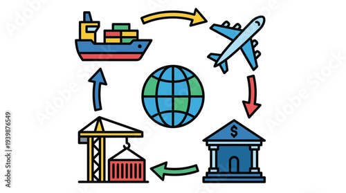 Illustration of global logistics and international trade cycle with cargo ship, airplane, bank, and crane around a globe.