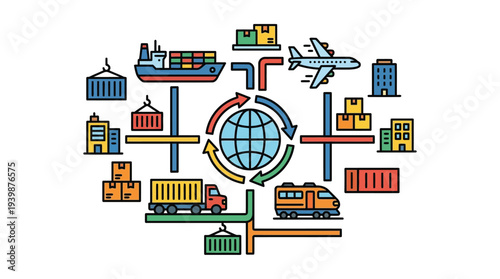 Global logistics and supply chain network illustration with various transportation modes and interconnected elements.