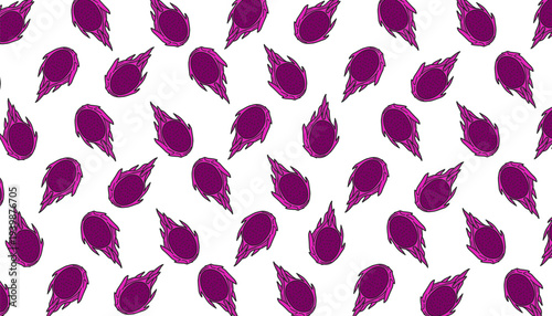 Dragon Fruit Seamless Pattern Vector. Hand Drawn Pitaya Tropical Fruit Illustration. Outline Doodle Style Repeating Food Background. Decorative Exotic Fruit Texture.