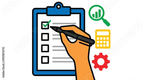 A hand checking off a task on a clipboard, surrounded by icons for analysis, calculation, and settings, representing business planning and task management.