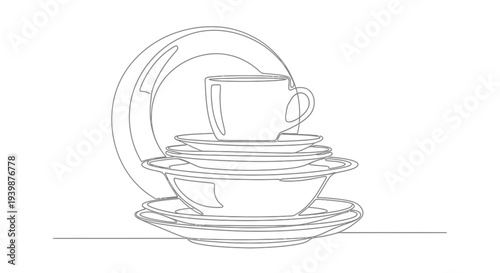 Minimalist Line Art Stack of Dishes and Cup on White Background