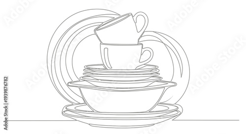 Stack of Dishes and Cups, Minimalist Line Art Drawing, Kitchenware and Tableware