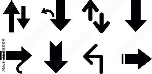 A collection of 10 black directional arrows on a white background pointing up down left right and diagonally in various styles and orientations