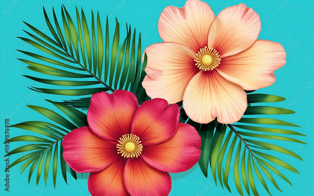 Fototapeta premium Tropical flowers bloom vibrant against turquoise palm fronds adding