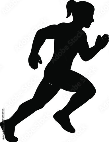 Black silhouette of a female runner in motion, depicting speed and athleticism against a white background.