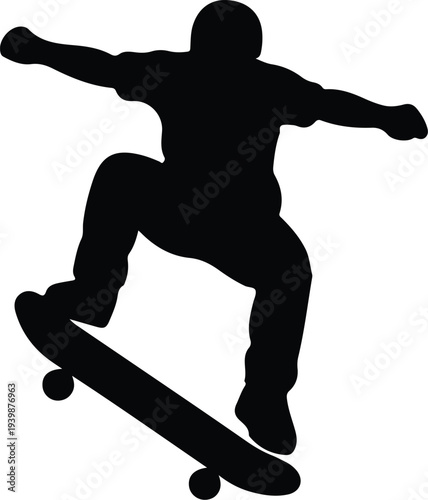 Dynamic silhouette of a skateboarder performing an aerial trick with a helmet.
