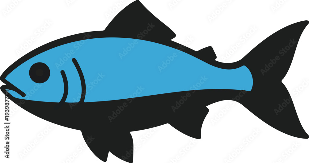 Fototapeta premium A simple graphic illustration of a blue fish with black fins and outline, swimming to the left.