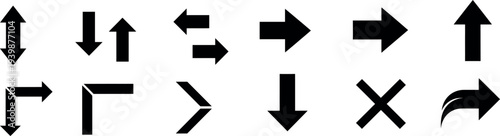 A collection of 12 black arrow icons on a white background pointing in various directions