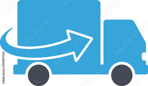 A blue delivery truck with a white arrow indicating movement or return, symbolizing shipping, logistics, or parcel delivery services.