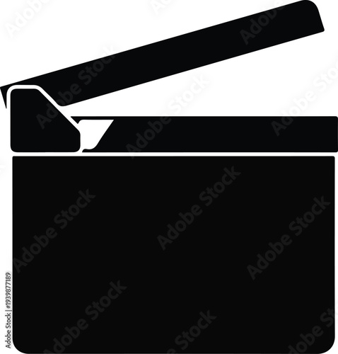Black silhouette of an open clapperboard, a classic filmmaking tool used for syncing audio and video.