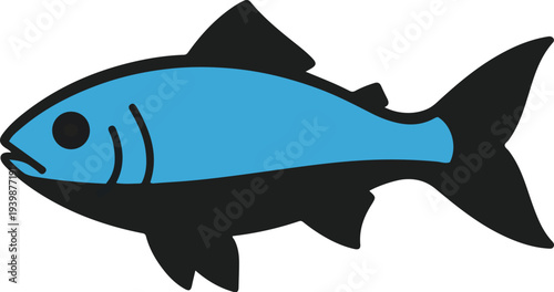 A simple graphic illustration of a blue fish with black fins and outline, swimming to the left.
