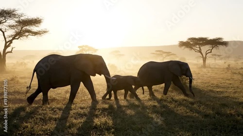 Elephant Family Silhouette in Serene Savannah Landscape with Warm Golden Light on Grassy Terrain for Wildlife Conservation