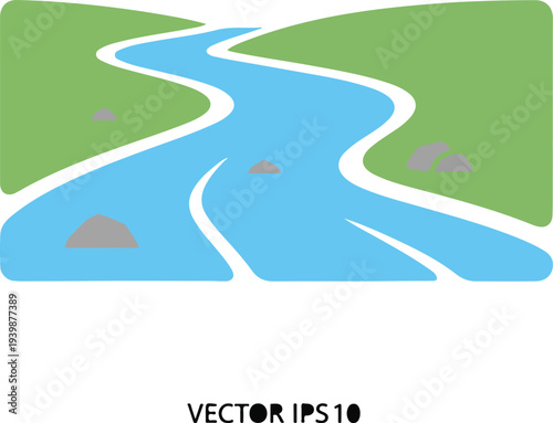 A simple graphic illustration of a winding blue river flowing through green land with scattered grey rocks.