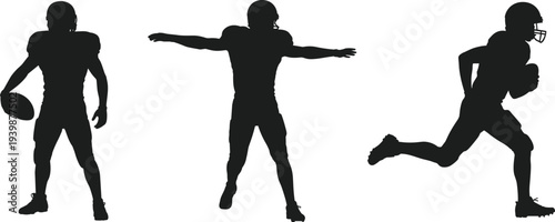 American football player silhouettes running holding ball athlete action poses sports vector illustration isolated team sport design set