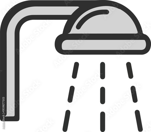 A simple grey shower head icon with black water droplets falling, representing hygiene and daily routine.