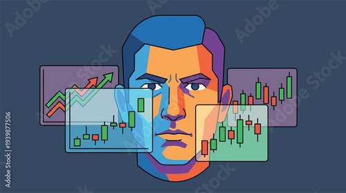 Stylized illustration of a serious man's face surrounded by financial market charts and graphs, representing trading and investment analysis.