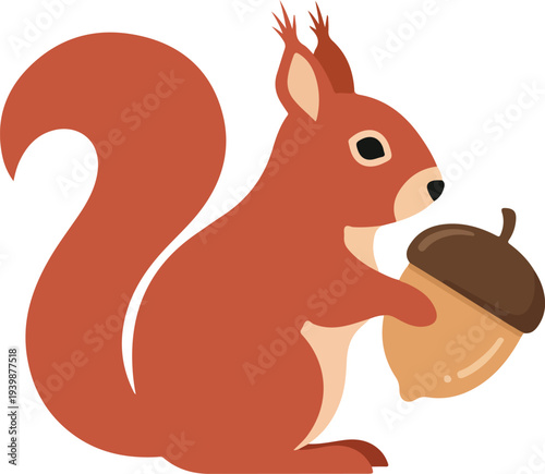 Cute cartoon red squirrel holding a large brown acorn, standing on its hind legs.
